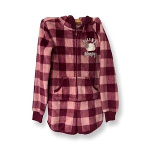 Justice Pajama Romper One-piece Checkered Maroon And Pink Feline Sleepy Size 8